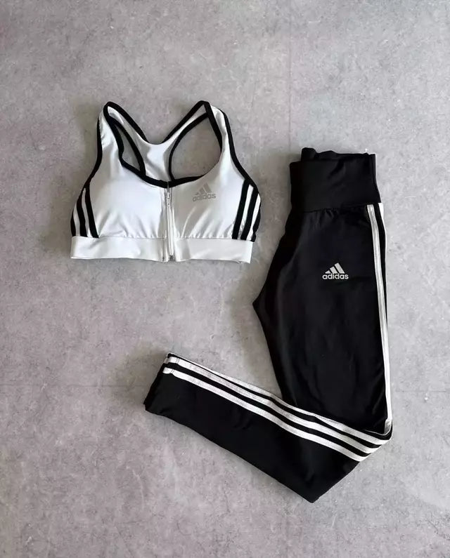 CONJUNTO RETRÔ TOP ZÍPER + LEGGING PRETO E BRANCO